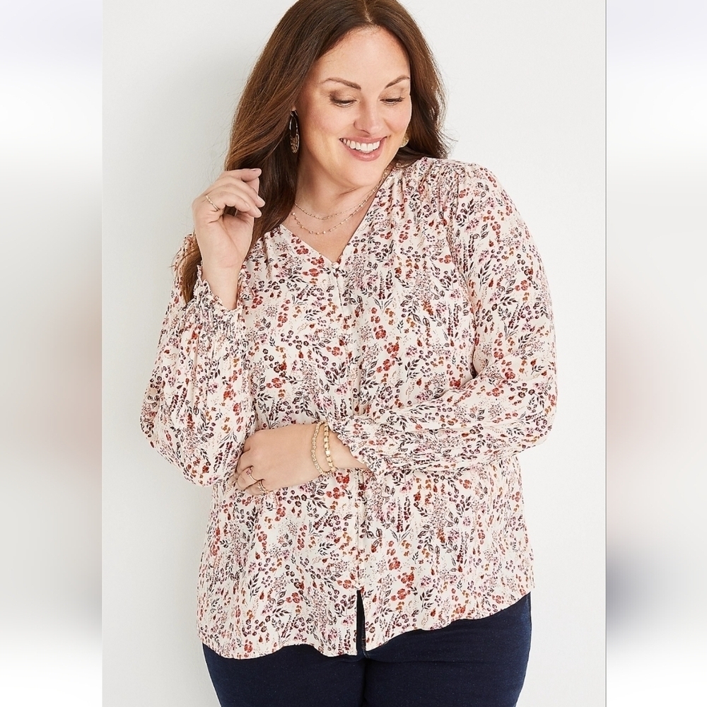 Maurices White Floral Button Front Smocked Blouse, Size XXL